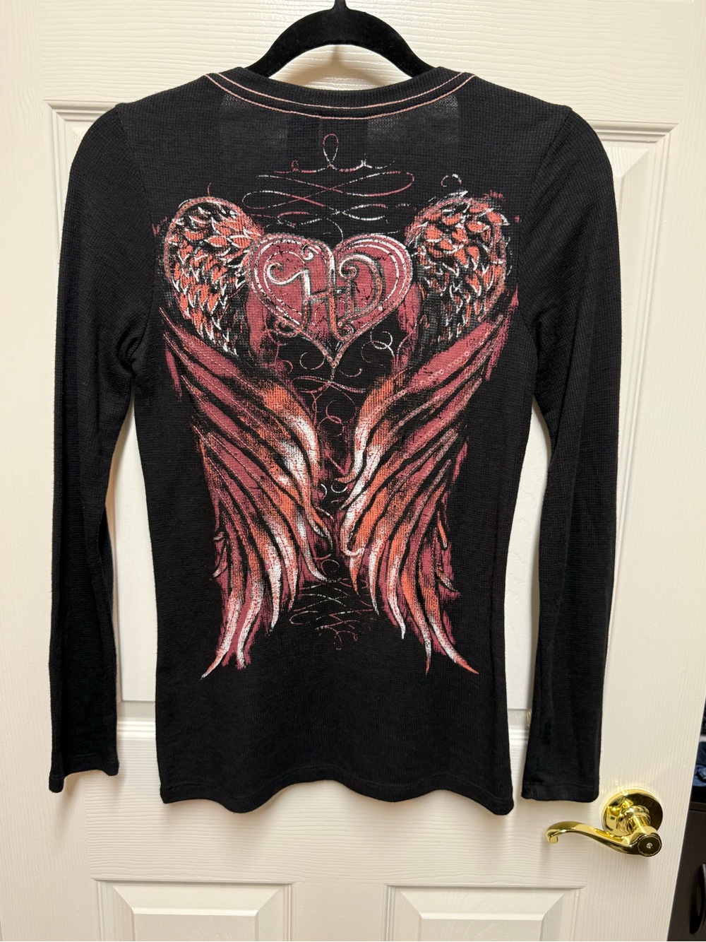 Harley Davidson Black Pink Waffle Thermal Henley Heart Wings Top Small